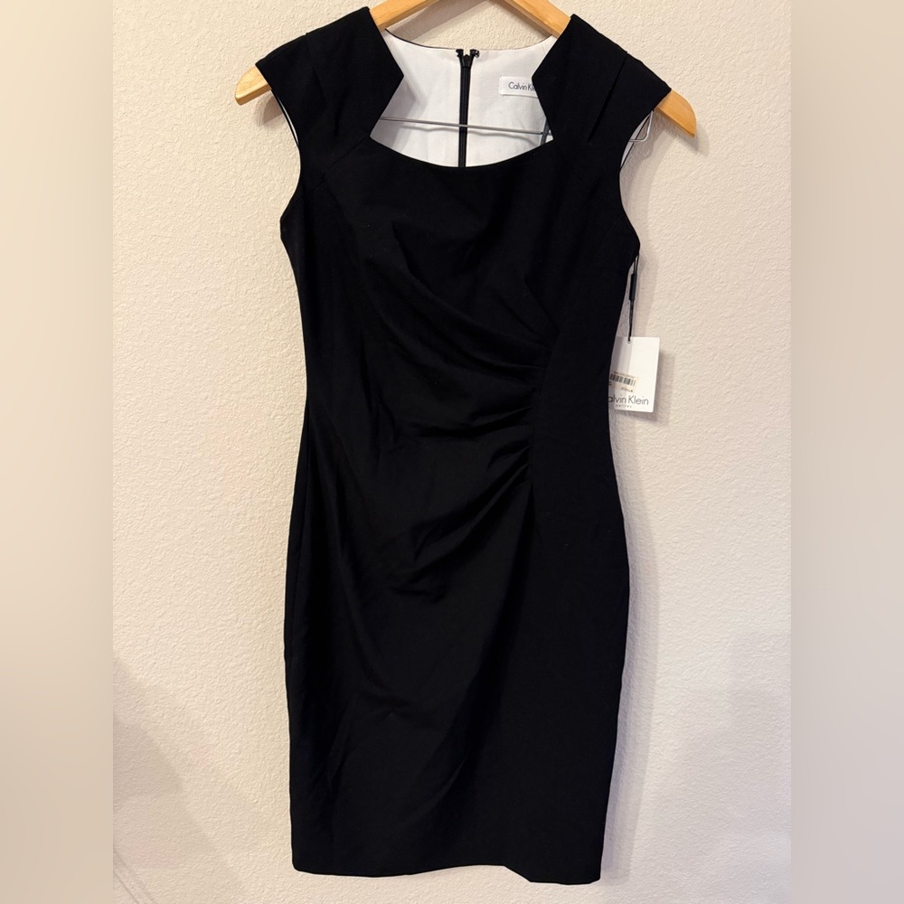 NWT Calvin Klein Cap Sleeve Black Bodycon Sheath Midi Dress Size 2P - Picture 2 of 10